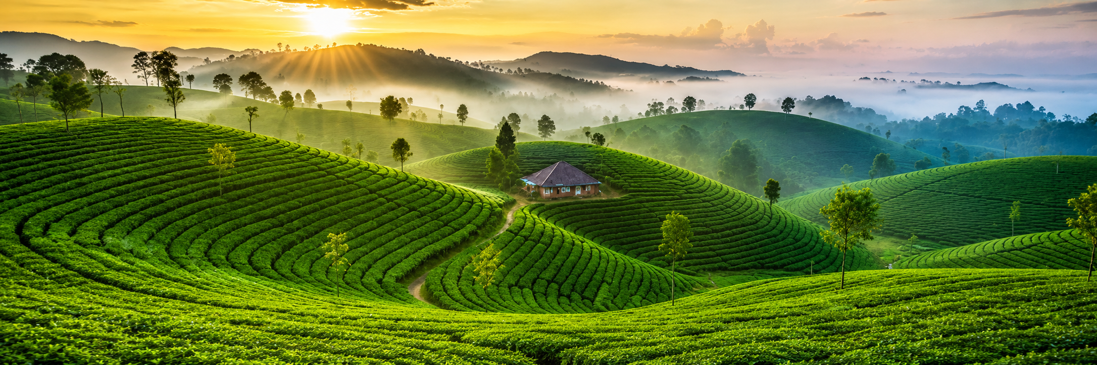 Rolling green tea plantations in the Sri Lankan highlands at sunrise through morning mist