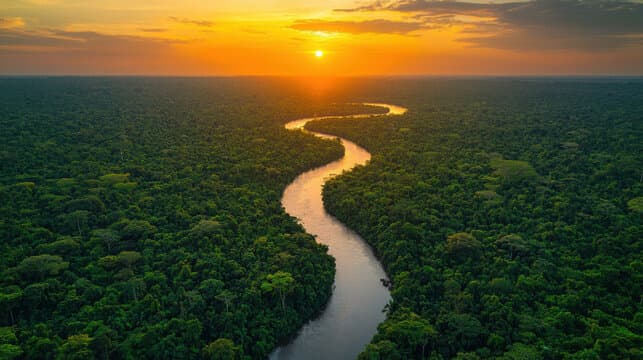 Amazon river winding through rainforest at sunset